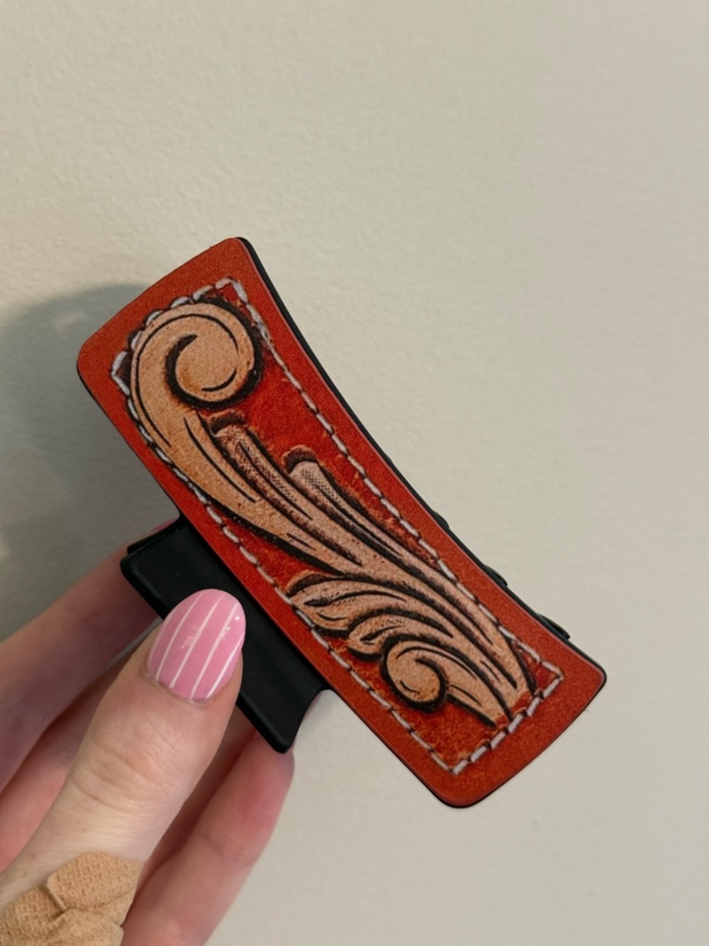 Handcrafted Brown Tooled Leather Hair Clip - Women Accessories